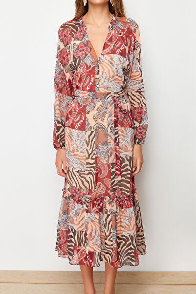 Trendyol Collection Többszínű, szalagos, etnikai mintás boho szoknya, fodros bélésű midi szőtt ruha TWOAW24EL00356