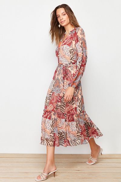 Trendyol Collection Mehrfarbiger Rock mit ethnischem Muster, Gürtel, Volant, gefüttertem Midi-Gewebekleid TWOAW24EL00356