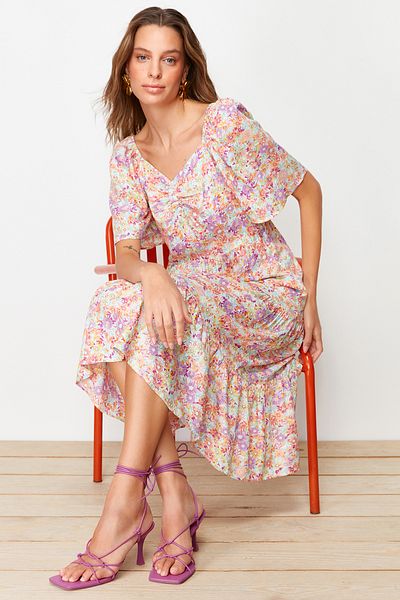 Trendyol Collection Mint A-line balonový rukáv s květinovým potiskem Midi tkané šaty TWOSS20EL2323