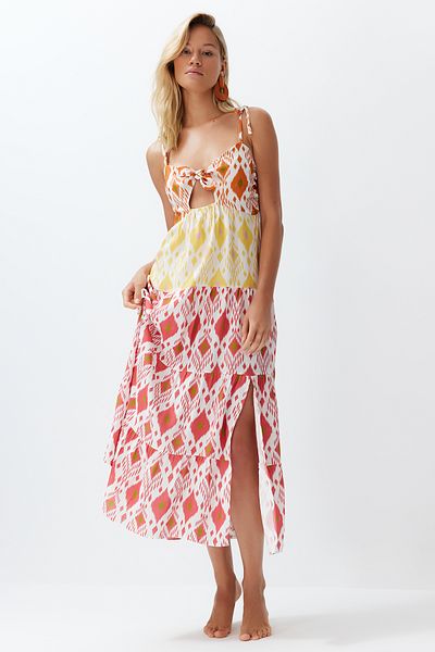 Trendyol Collection Maxi tkané vázané plážové šaty s květinovým potiskem TBESS24EL00017