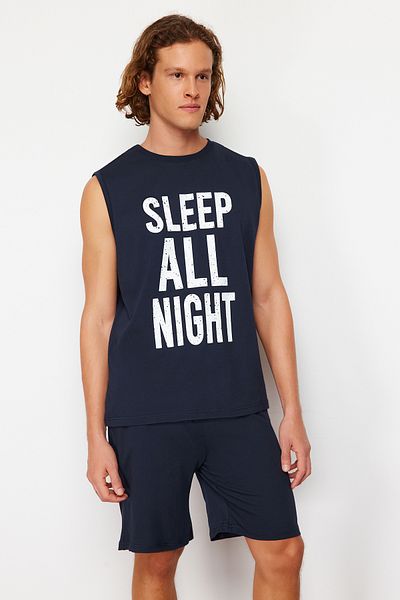 Trendyol Collection Námořnická modř Slogan tištěný Regular Fit Pletené šortky Sada pyžama TMNSS24PT00020