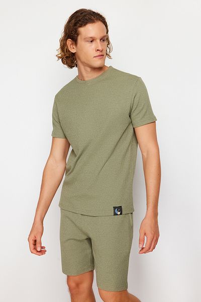 Trendyol Collection Σετ Πιτζάμες Πλεκτό Σορτς Βάφλα με Κανονική Εφαρμογή Light Khaki TMNSS23PT00036