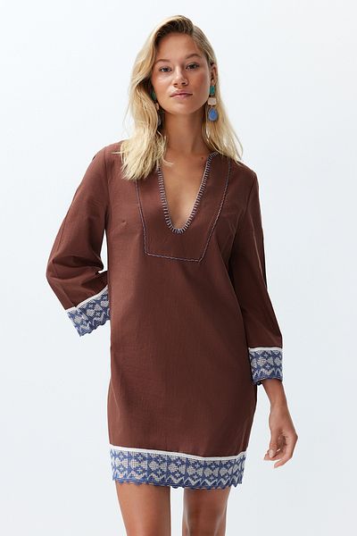 Trendyol Collection Καφέ Μίνι υφαντό αξεσουάρ ρίγες 100% βαμβακερό φόρεμα παραλίας TBESS24EL00094