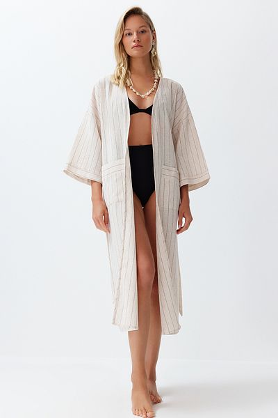 Trendyol Collection Gestreifter Maxi-Kimono aus gewebter Leinenmischung mit Gürtel und Gürtel TBESS24KM00027