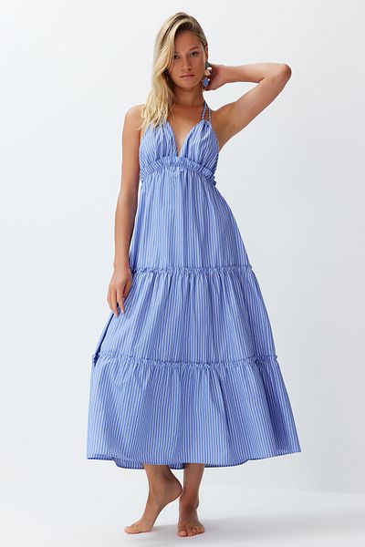 Trendyol Collection Maxi pruhované tkané volánové plážové šaty TBESS24EL00091