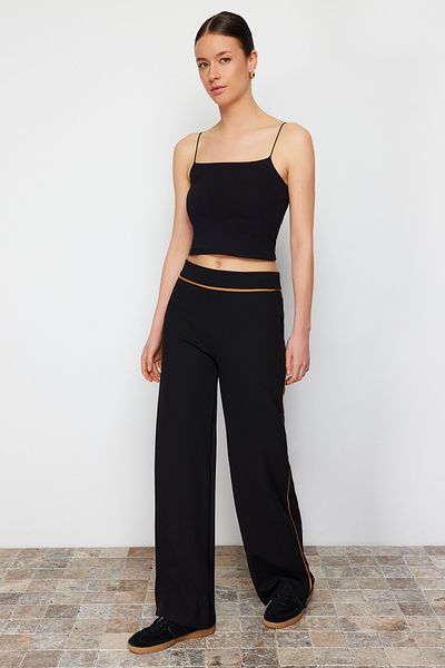 Trendyol Collection Black Contrast Stripe Detailed Wide Leg/Comfortable Cut Stretchy Trousers TWOSS24PL00110