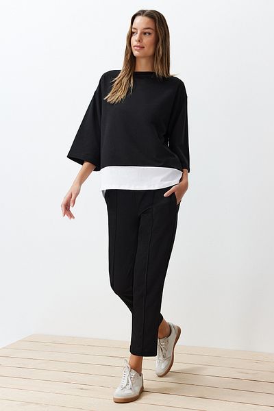 Trendyol Collection Relaxed Fit fekete kötött blúz és nadrág szett - Garni Detailed, TWOSS24AU00069