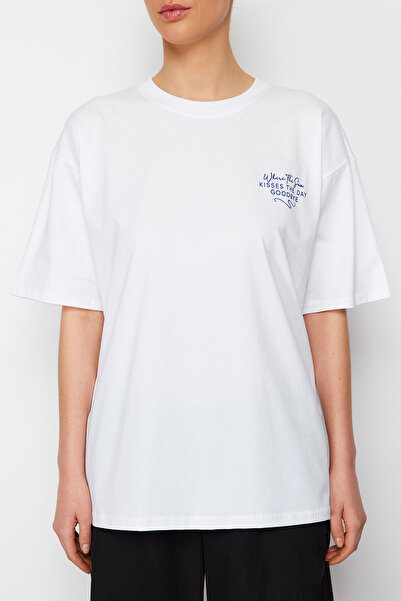 Trendyol Collection White Premium Thick Cotton Oversize/Loose Cut Back Printed Knitted T-Shirt Twoss24Ts00085