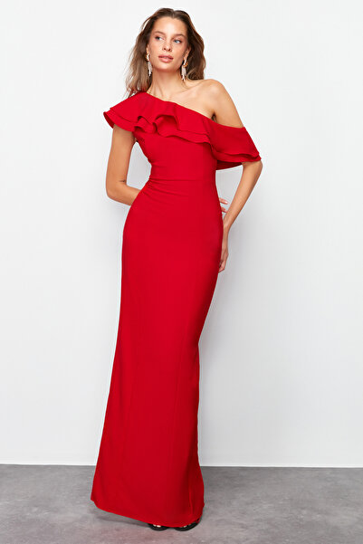 Trendyol Collection Κομψό βραδινό φόρεμα με λεπτομέρεια υφαντό κόκκινο TPRSS24AE00066