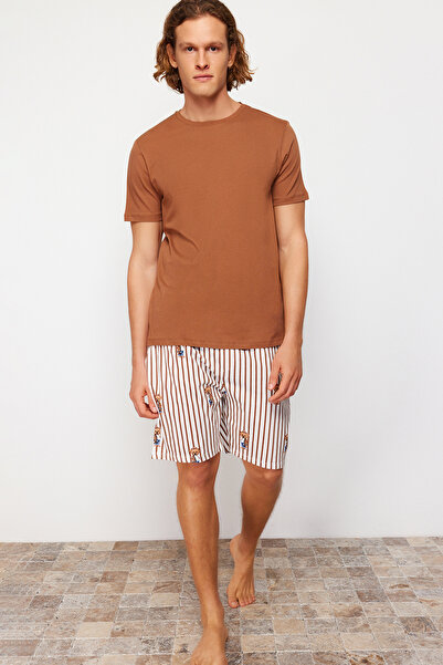 Trendyol Collection Hnědý plyšový medvídek Regular Fit Pletené šortky s potiskem Sada pyžama TMNSS24PT00034
