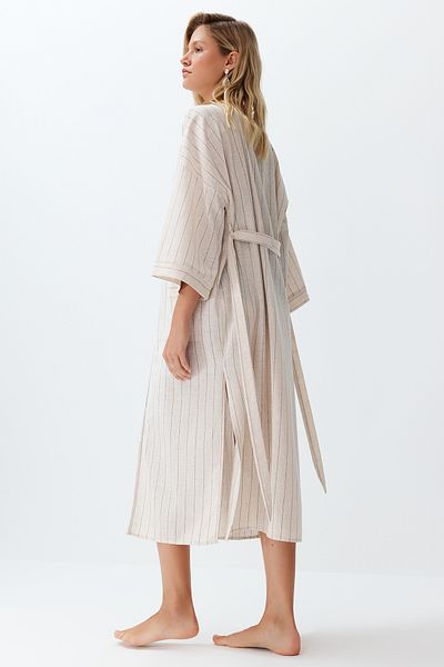 Trendyol Collection Gestreifter Maxi-Kimono aus gewebter Leinenmischung mit Gürtel und Gürtel TBESS24KM00027