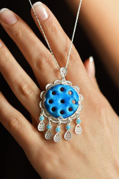 Erdobia Firuze Taşlı Dokuz Göz Süryani Nazarlığı Telkari Gümüş Kolye