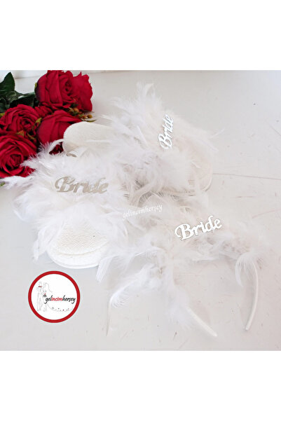 Gelincimherşey Tüylü Bride yazılı Terlik Taç set