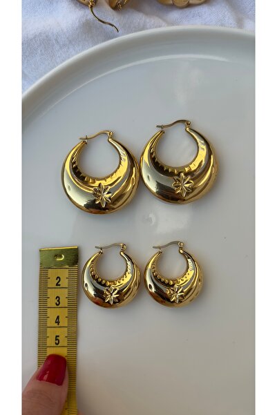 Opia JEWELRY - Yıldız Detaylı Bombeli Çelik Halka Küpe [4,5 CM]