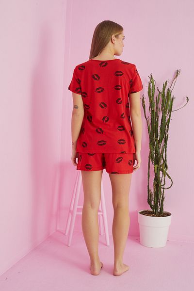 Siyah İnci Red lip patterned Cotton Shorts-Pajamas Set