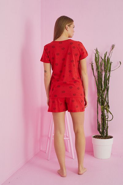 Siyah İnci Red floral patterned Cotton Shorts-Pajamas Set