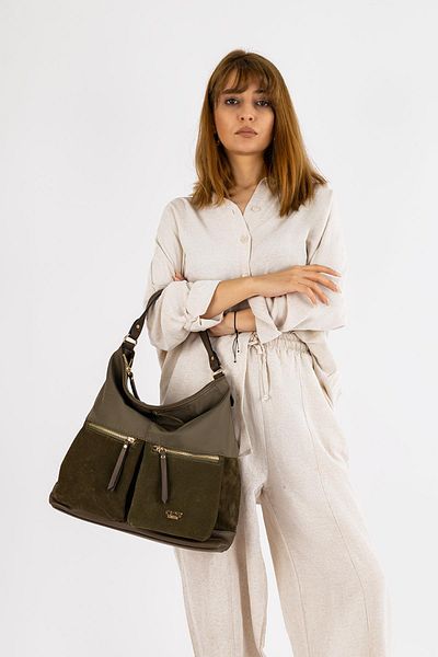 Getcho Aspen Green Genuine Leather Suede Women's Shoulder Bag Large Size Stylish Model with Large Volume Zippered Pocket