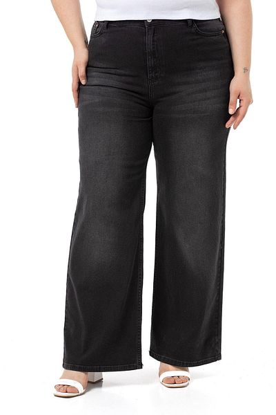 DISENTIS MODEST Large Size High Waist Wide Leg Black Denim Trousers