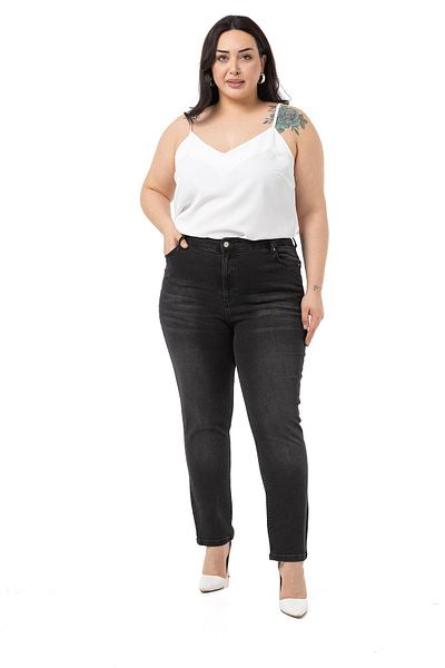 DISENTIS MODEST Large Size High Waist Slim Leg Black Denim Trousers
