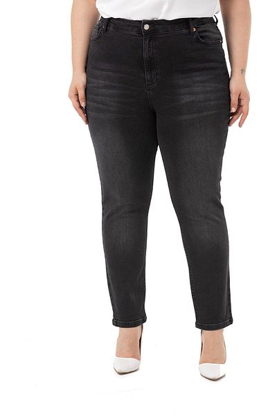 DISENTIS MODEST Large Size High Waist Slim Leg Black Denim Trousers