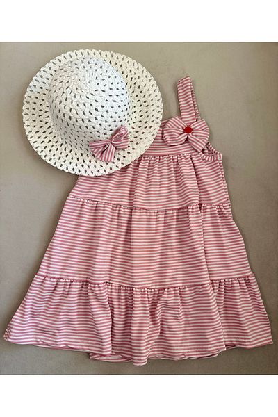 SANTRALBEBE Girl's Striped Cotton Straw Hat Dress