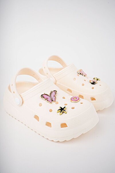 Anıl Ayakkabı Mother Girl BEIGE Cream High-Sole Rhinestone Hospital Nurse Doctor Beach Pool Sandals Slippers