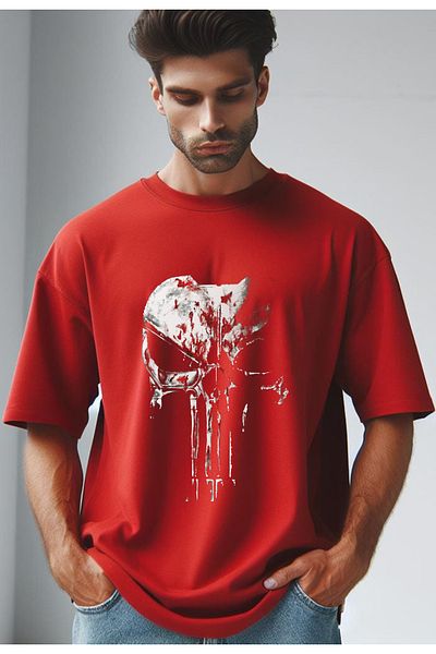 Vordevia Punisher Printed Red Oversize Tshirt
