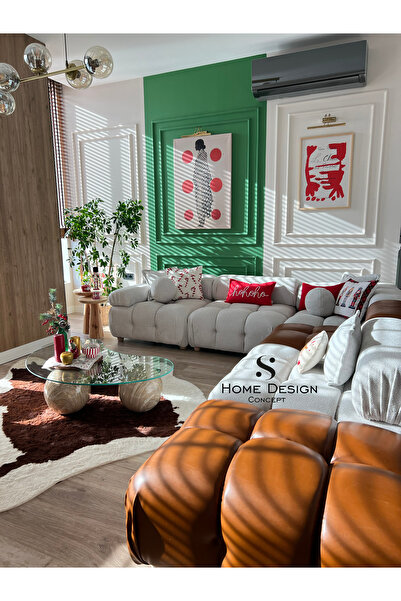 S Home Design Concept Bellini 6 Modül Kırık Beyaz Teddy Kahve Deri Köşe Koltu...