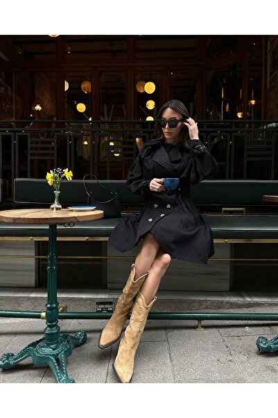 SERHANE SİYAH VOLANLI KEMERLİ TRENÇKOT