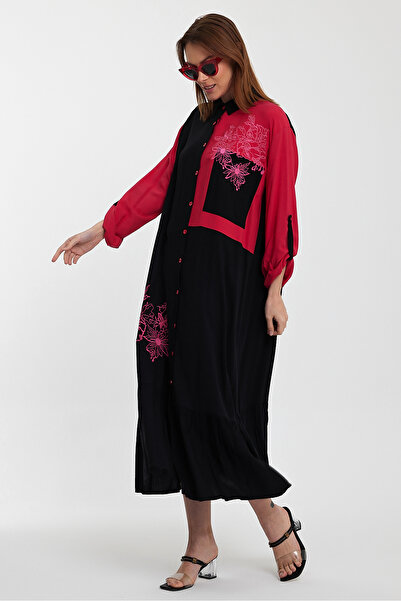 Denismoda Kadın Etnik Nakış Detaylı Kol Bağcıklı Gömlek Elbise