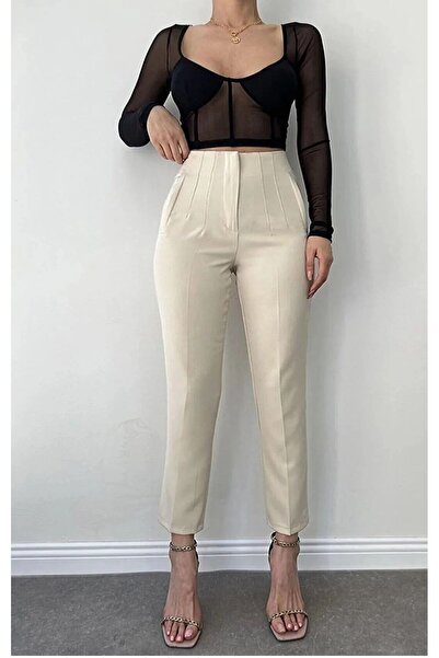 QİSSO PENSLi BEŽ Ženske Hlače sa Detaljnim Tkaninom