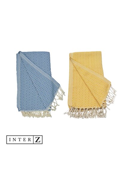 MELONIE Set of 2 Peshtemal Beach Towels, 100% Cotton, Xxl 100x180cm, Marmaris, Honey Yellow-blue