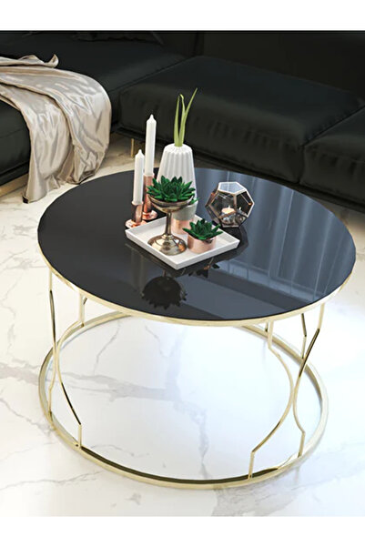 SEDAŞ LIVING UNITS ORTA SEHPA SİYAH KIRILMAZ TEMPERLİ CAM GOLD METAL AYAK ORT...