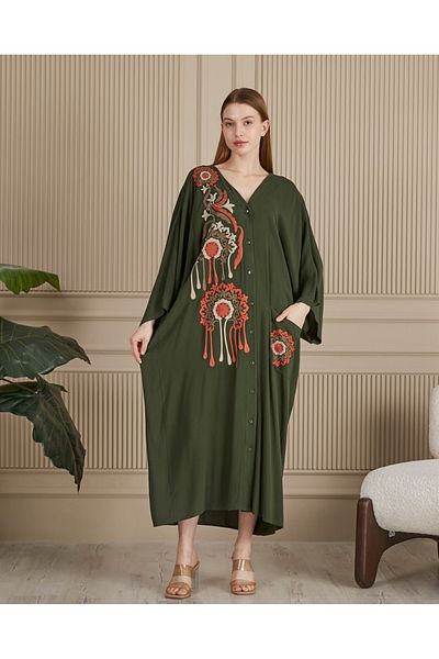 Lavanta Tekstil Rochie camasa brodata kaki