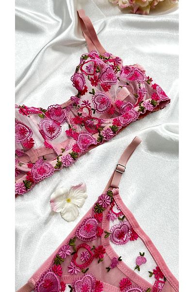 Clara Butik Pink Floral Heart Embroidered Bralet and Bra - Underwear Set