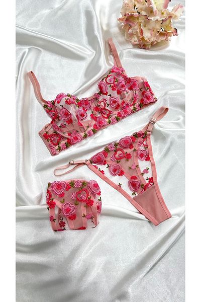 Clara Butik Pink Floral Heart Embroidered Bralet and Bra - Underwear Set