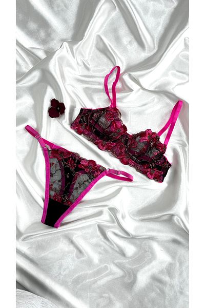 Clara Butik Floral Patterned Lace Embroidery Underwire Bra Bralet Lingerie Set Pink