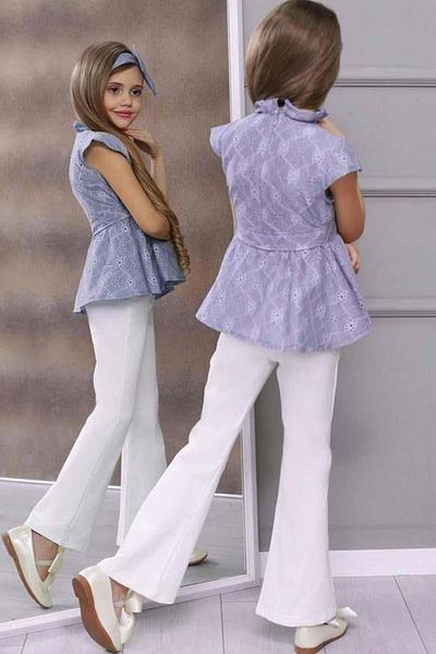 Riccotarz Girl's Spanish Leg Trousers Floral Lace Printed Blouse Lilac Bottom Top Set