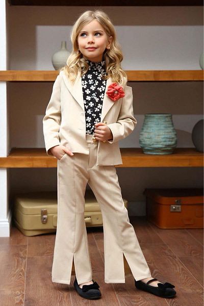 Riccotarz Set de blazer pentru fetiță, fără umăr, cu jachetă, model trifoi, cu fantă în față, crem spaniolă, pentru partea de sus și de jos