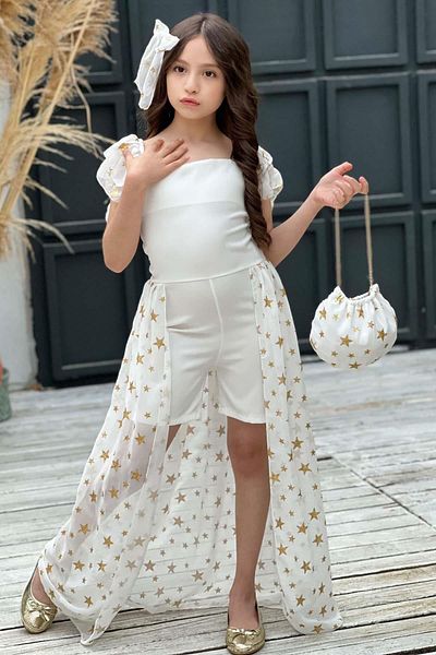 Riccotarz Girl's Star Patterned Boat Neck Tulle Tailed Jumpsuit with White Shorts