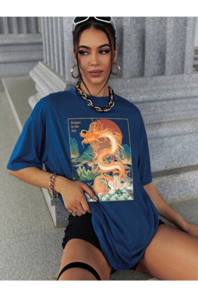 WOODROFFE Kobalt plava Šareni Zmaj Štampano Oversize kroj Žene/Djevojke T-shirt
