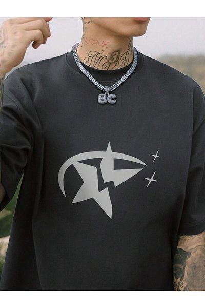 WOODROFFE Ανδρικό μπλουζάκι Oversize - STAR Printed, Casual Boyfirend