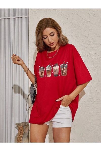 WOODROFFE Tricou Oversize Roșu Salas de damă cu imprimeu Coffes Boyfriend