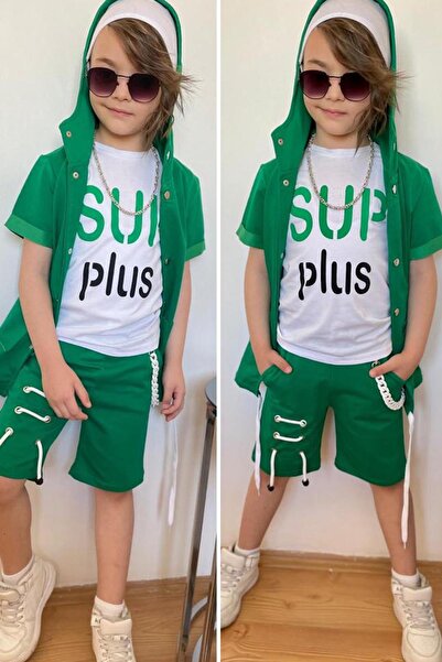 Riccotarz Boy's Sup Plus Text Printed T-Shirt Set with Chain and Rope Detail Green Shorts