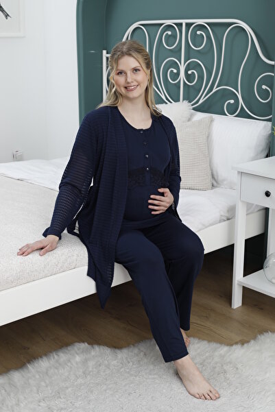 CT MODA طقم بيجامة صيفي نسائي من الدانتيل باللون الأزرق الداكن - 3 قطع