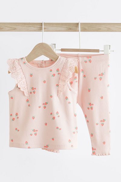 Next Baby Cotton Pink Strawberry Patterned Tights Top and Bottom Set