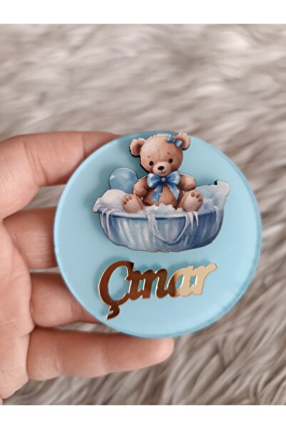 doğrukan Mavi sepette ayıcık figürlü pleksi yenidoğan doğum günü magnet hediy...