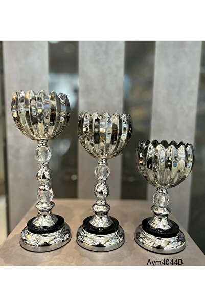 FAYA HOME DECOVİEN 3 LÜ GÜMÜŞ SİYAH CAM KRİSTAL TAŞLI ŞAMDAN