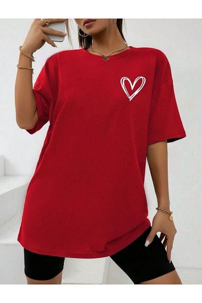 khufu Tricou oversize cu inimă roșie imprimat cu croiala relaxată