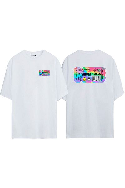 THEWERT Λευκό μπλουζάκι Unisex Anxiety Vibes Oversize - εμπρός και πίσω με στάμπα, δωρεάν εισιτήριο
